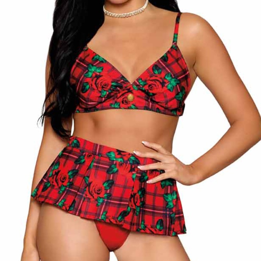 Dreamgirl Rose Print Bralette & Plaid Mini Skirt